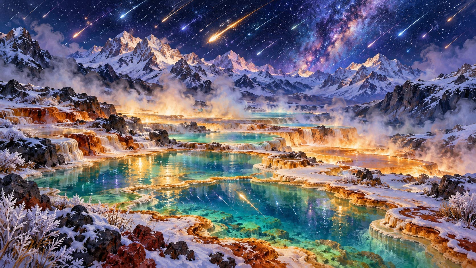 Turquoise hot springs glow among snowy rocks beneath mountain peaks, a star-filled sky and streaking meteors.