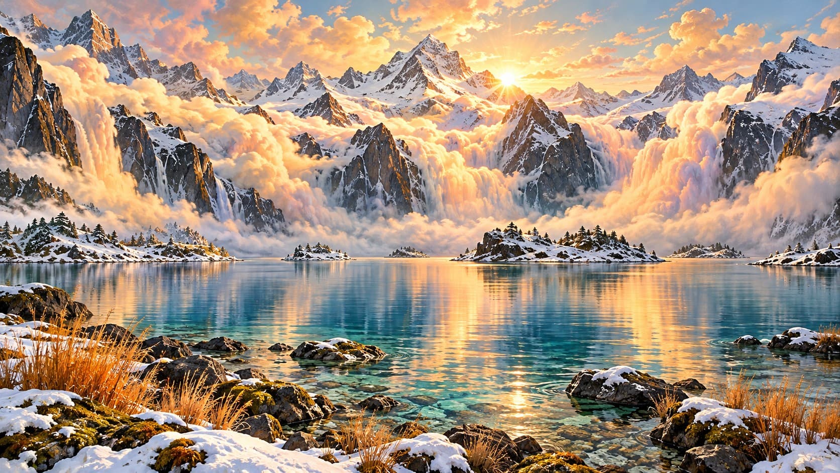 Golden clouds drift between snowy peaks above a clear mountain lake, with evergreen trees and grasses along the shore.