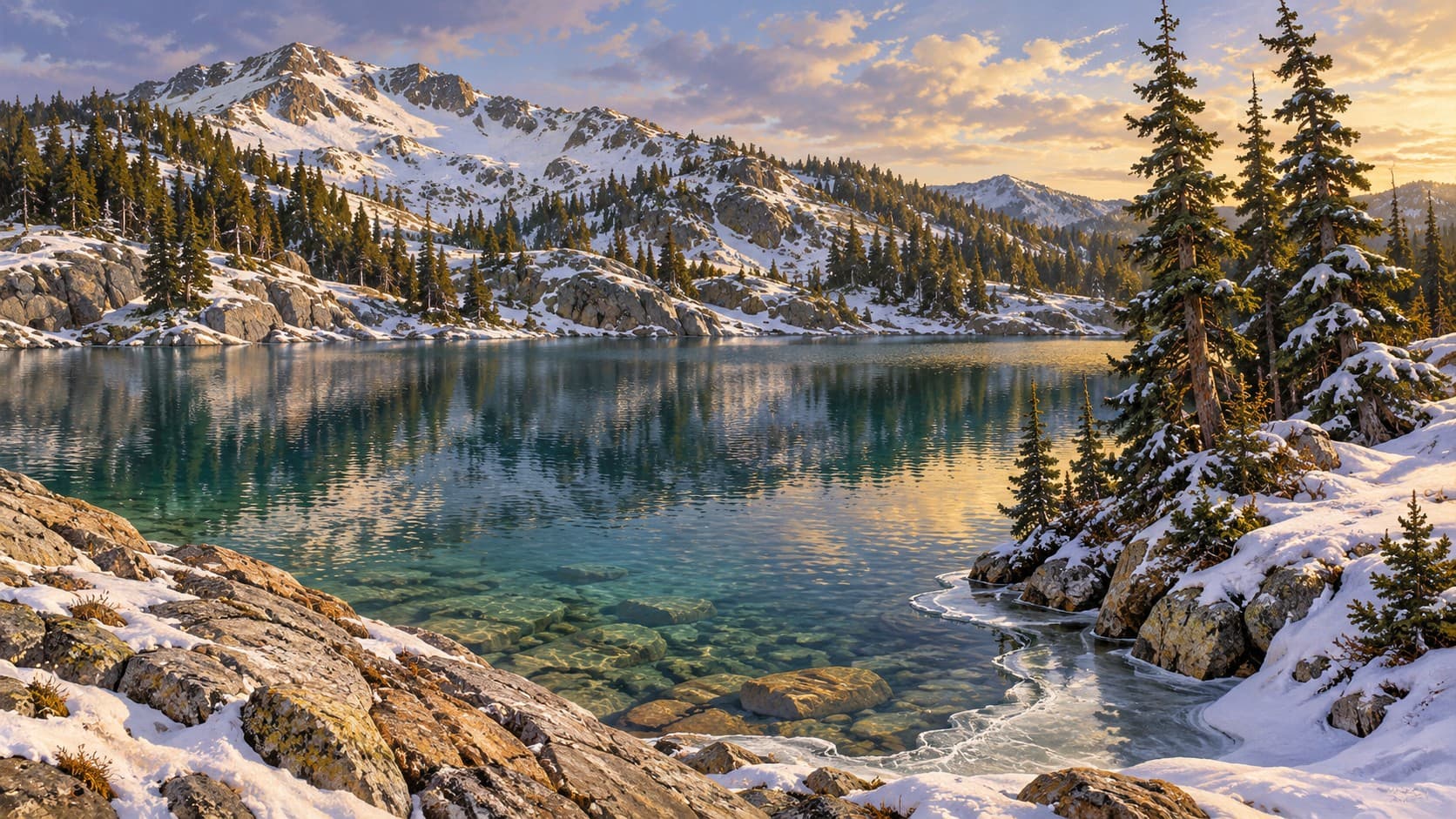 A clear turquoise alpine lake reflects snowy granite mountains and sunlit pine trees.
