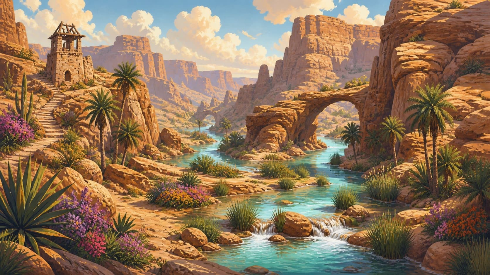Illustrated desert canyon oasis with a stone watchtower, natural rock arches, and a turquoise river winding past cacti and wildflowers.