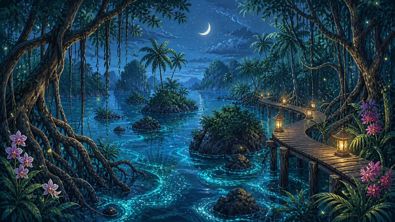 Illustrated moonlit mangrove lagoon with a lantern-lit wooden boardwalk winding past small tree-covered islands.