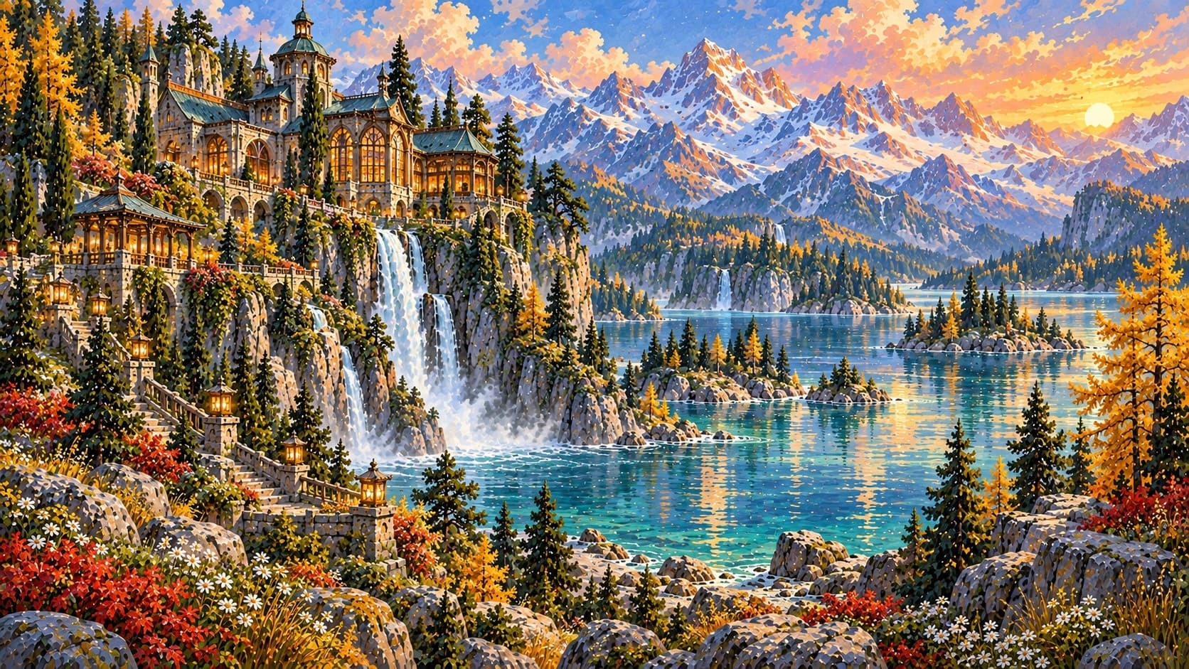 Illustrated cliffside palace above a waterfall-fed turquoise lake at sunset, with snow-capped peaks and wildflowers on the rocks below.