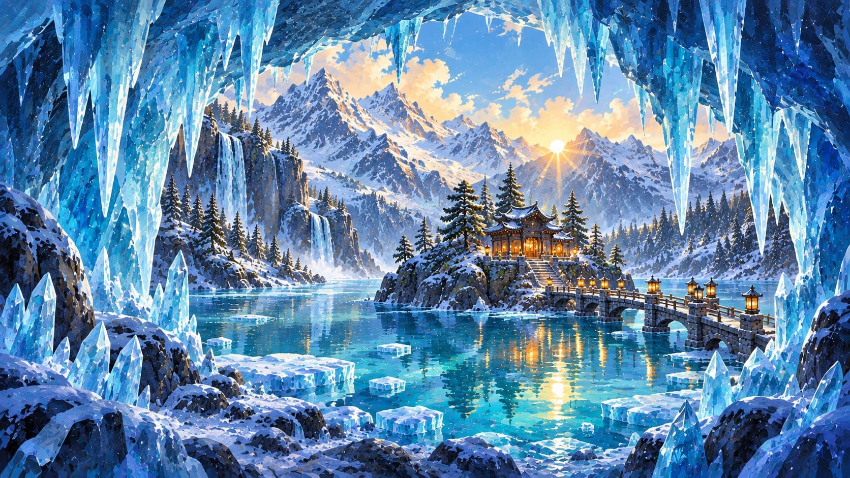 Illustrated lantern-lit pavilion on a frozen turquoise lake framed by an ice cave, with a stone bridge and snow-capped peaks at sunrise.