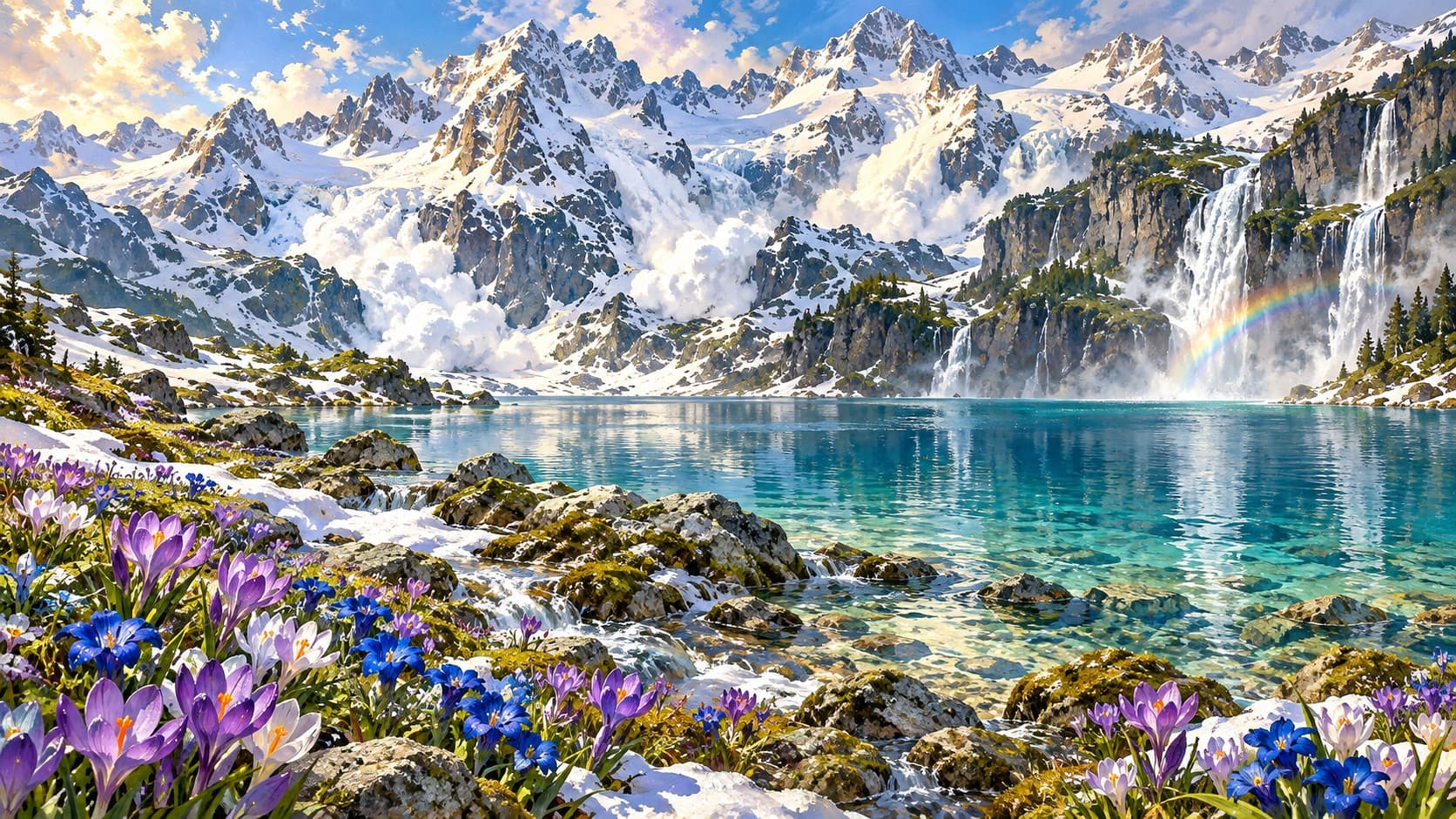 Purple alpine flowers beside a clear turquoise lake, with waterfalls and snow-covered mountain peaks in sunlight.