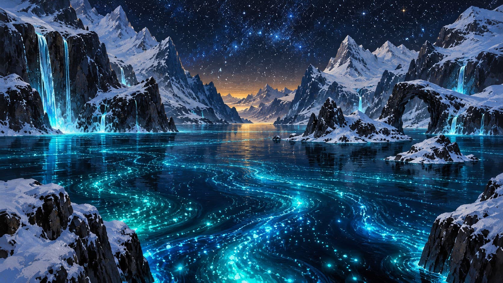 A starlit mountain lake at night, its dark water swirling with glowing teal light beneath snowy peaks and waterfalls.