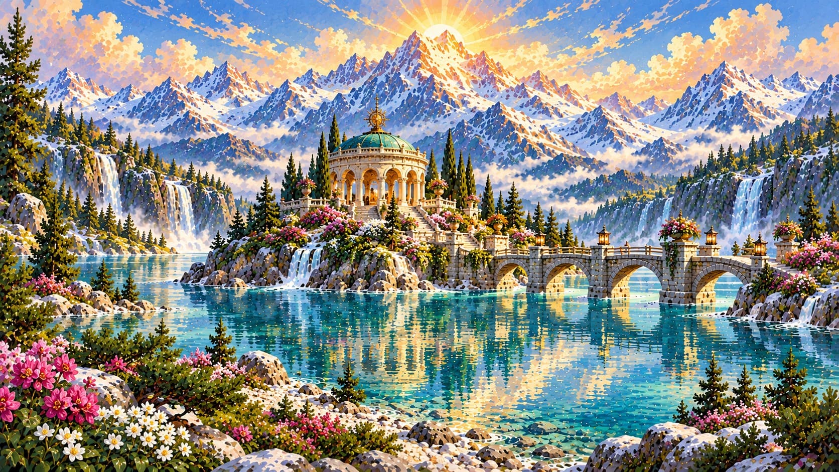 A domed pavilion and stone bridge beside a turquoise alpine lake, surrounded by flowers and snowy mountains at sunrise.