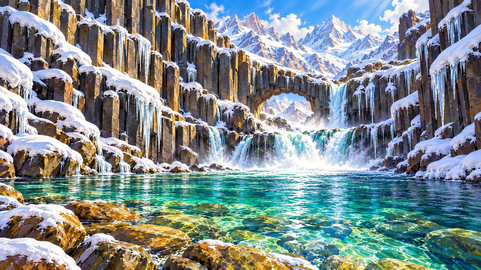 A turquoise pool sits below a snowy basalt canyon with waterfalls, ice and sunlit mountain peaks.