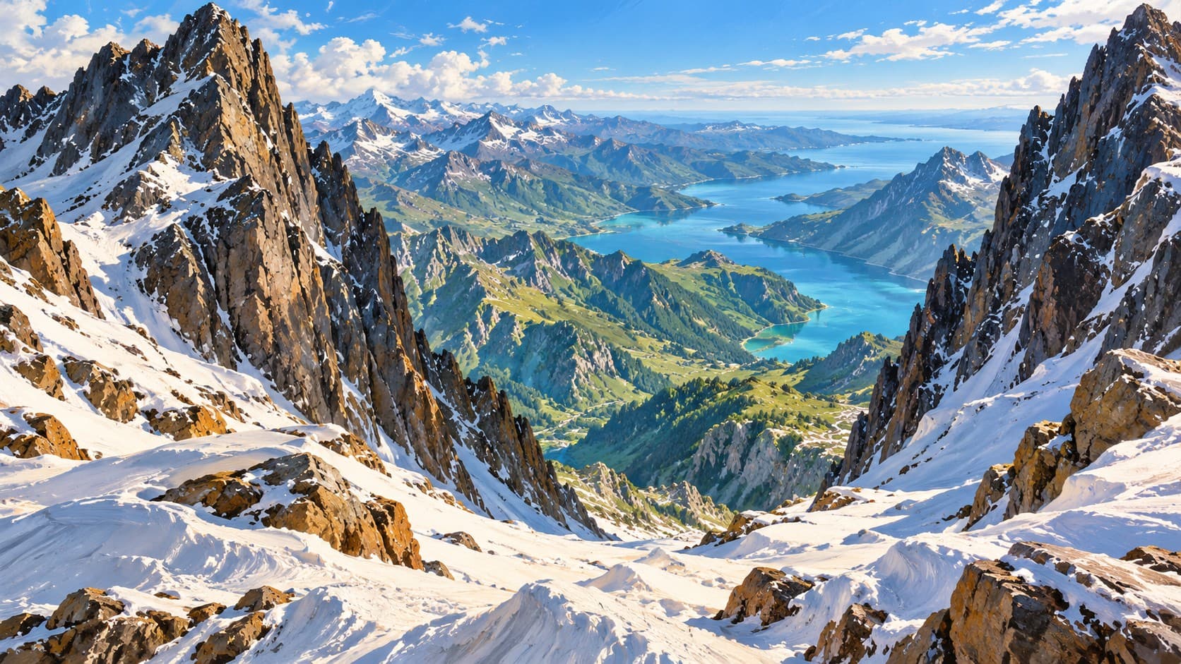 Snowy mountain ridges open onto a green valley and distant blue lakes beneath scattered clouds.