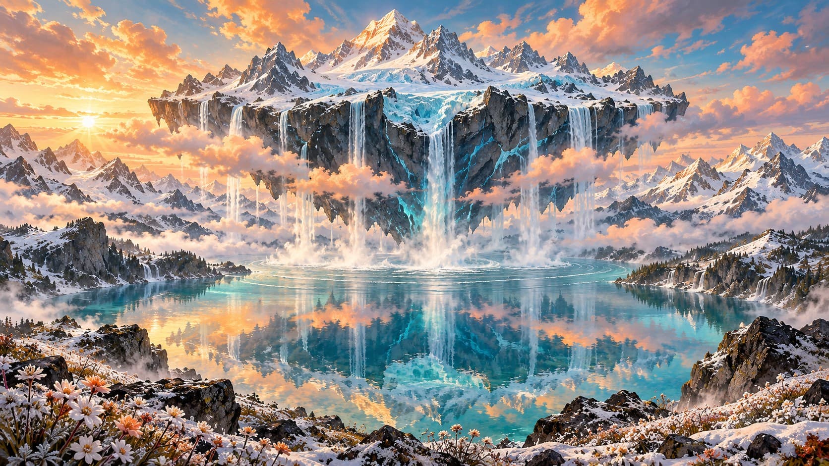 A floating cliff of snow-capped rock with waterfalls pouring into a turquoise lake, lit by a golden sunrise above pink clouds.