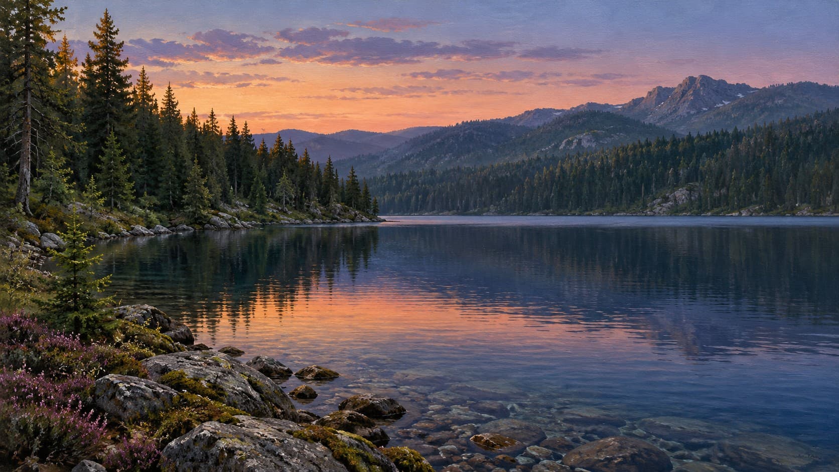 A mountain lake reflects a pink and orange sunset beside a rocky shore and dark pine forest.