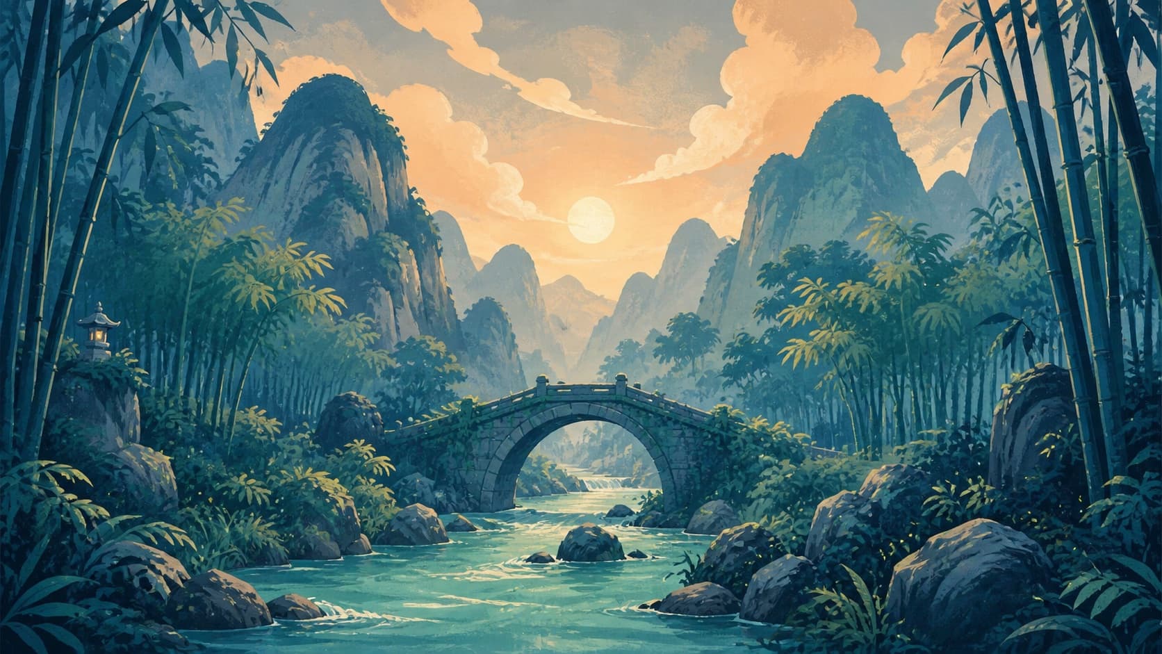 Illustrated stone bridge over a river running through a bamboo forest at sunset.