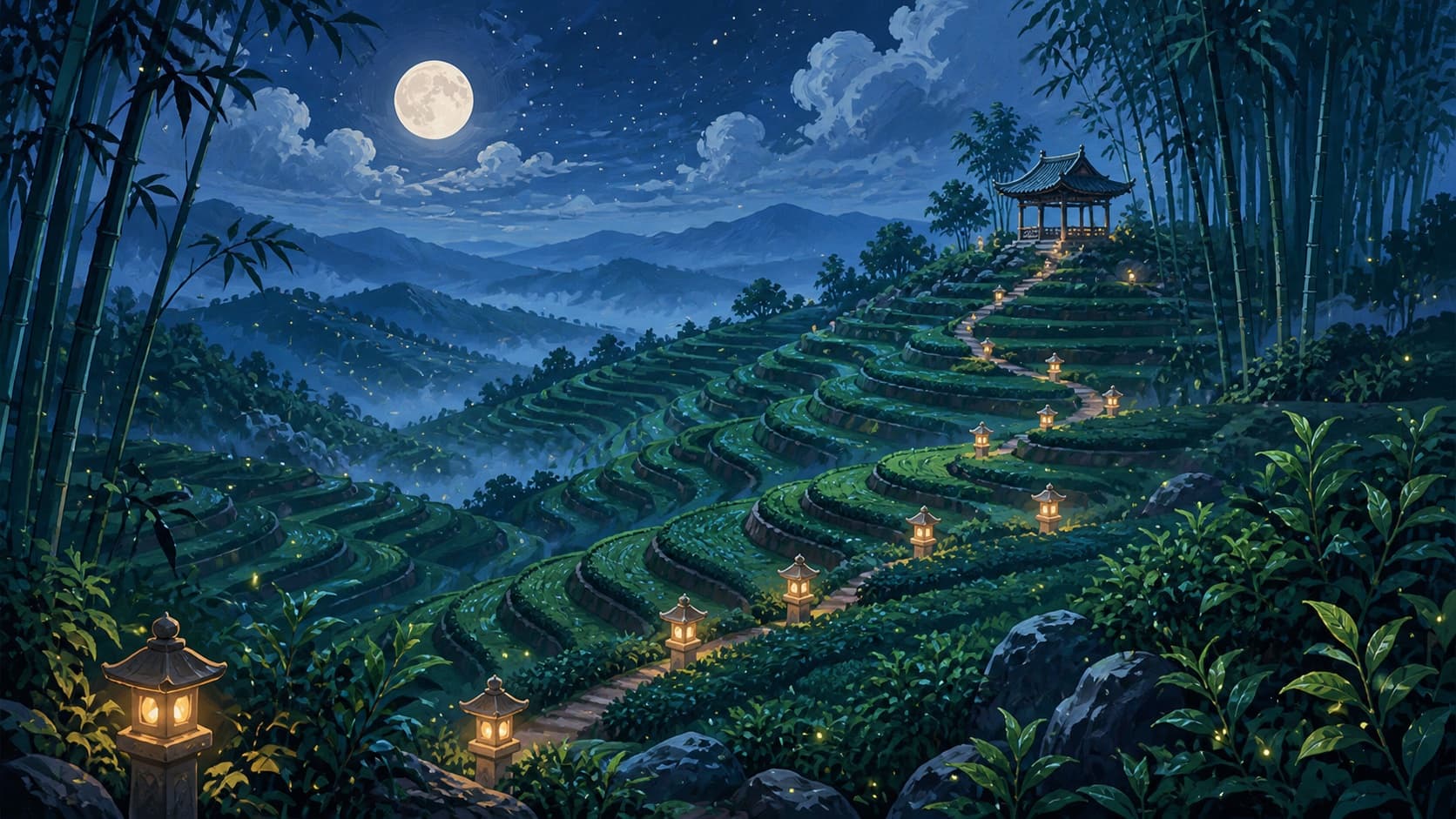 Illustrated moonlit tea terraces lit by lanterns leading up to a hilltop pavilion.