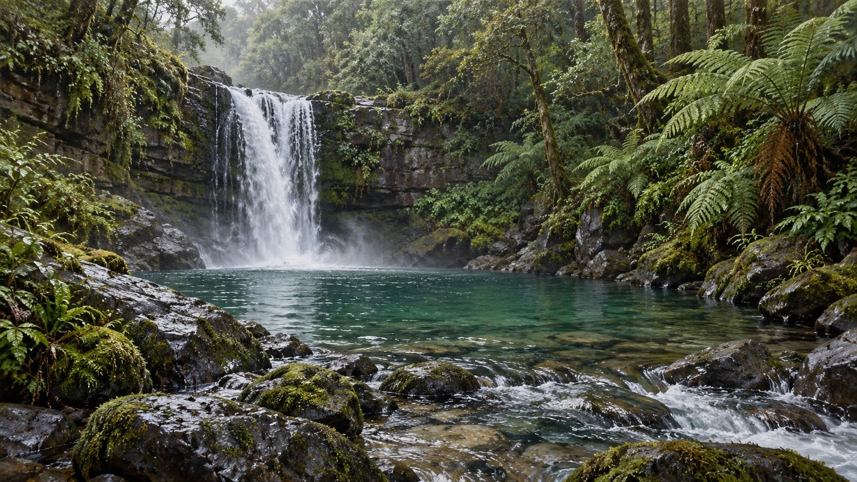A waterfall falls between mossy rock walls and tree ferns into a clear green forest pool.
