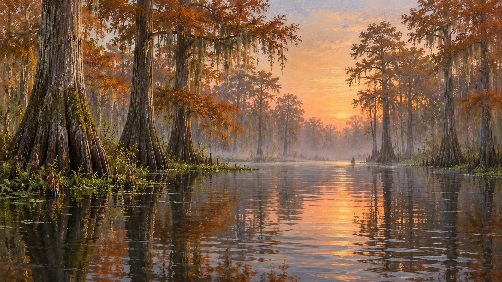 Autumn cypress trees and orange foliage reflect in still water beneath a warm sunset.