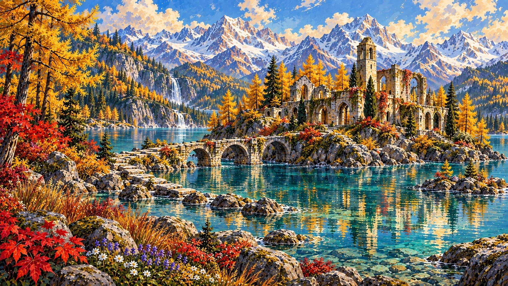 Illustrated stone ruins and an arched bridge on a turquoise lake headland, surrounded by red and gold autumn trees and snow-capped peaks.