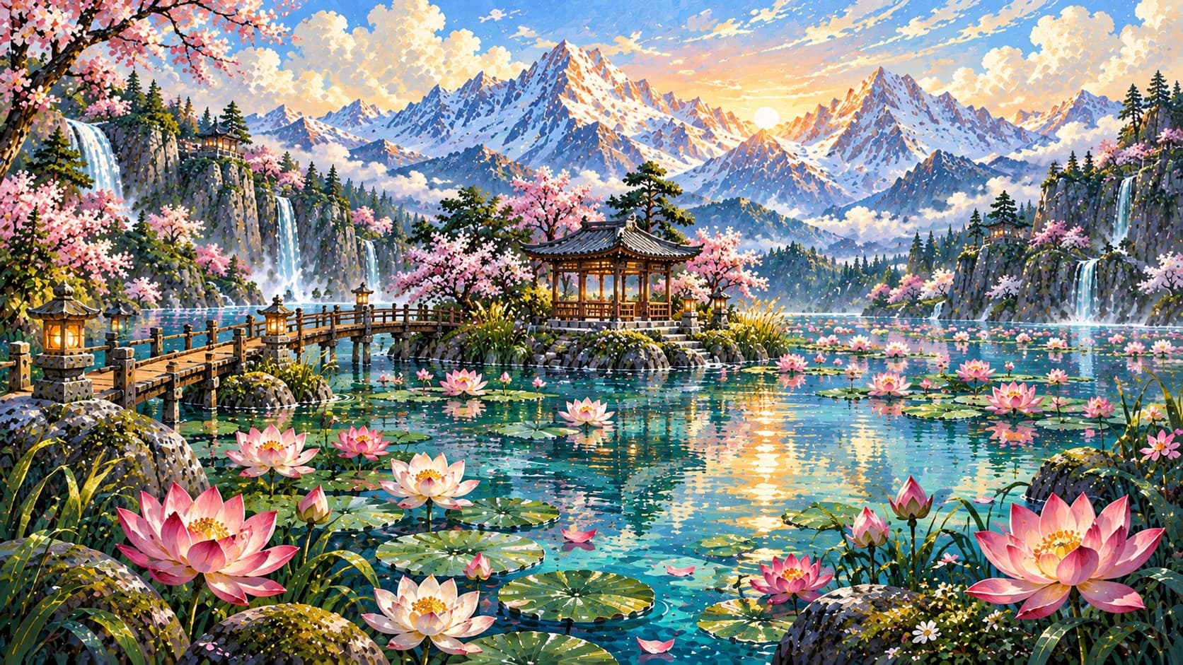 Illustrated pavilion on a lotus pond in full blossom, a wooden bridge crossing the water with snow-capped peaks behind.