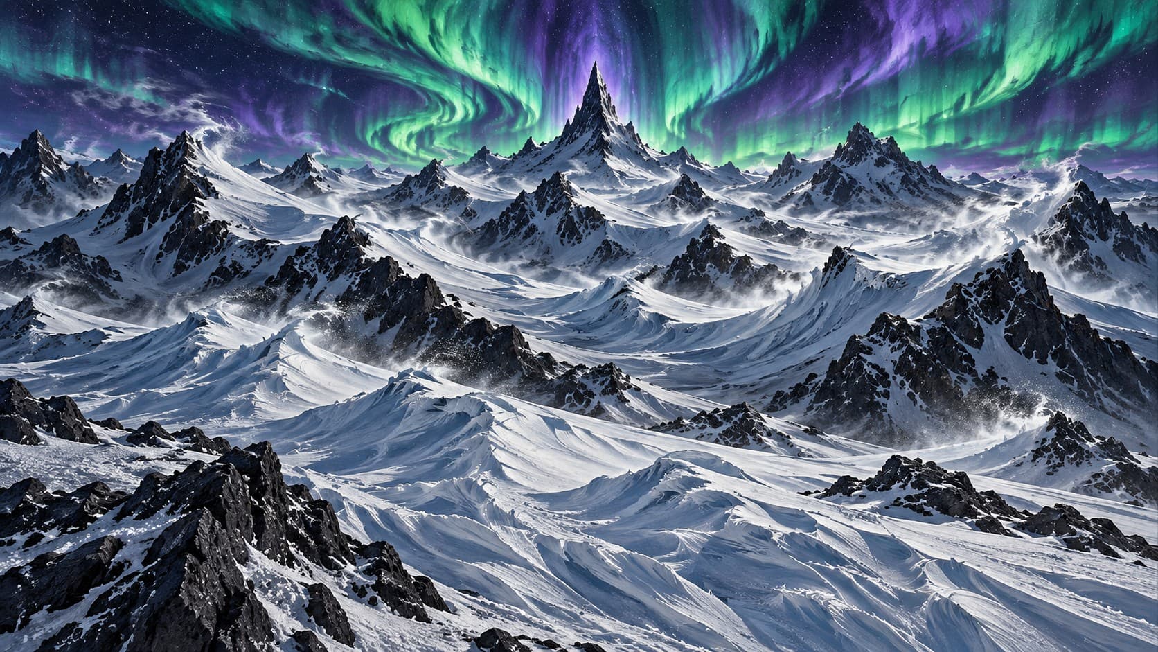 Green and purple northern lights above a snow-covered mountain range under a starry night sky.