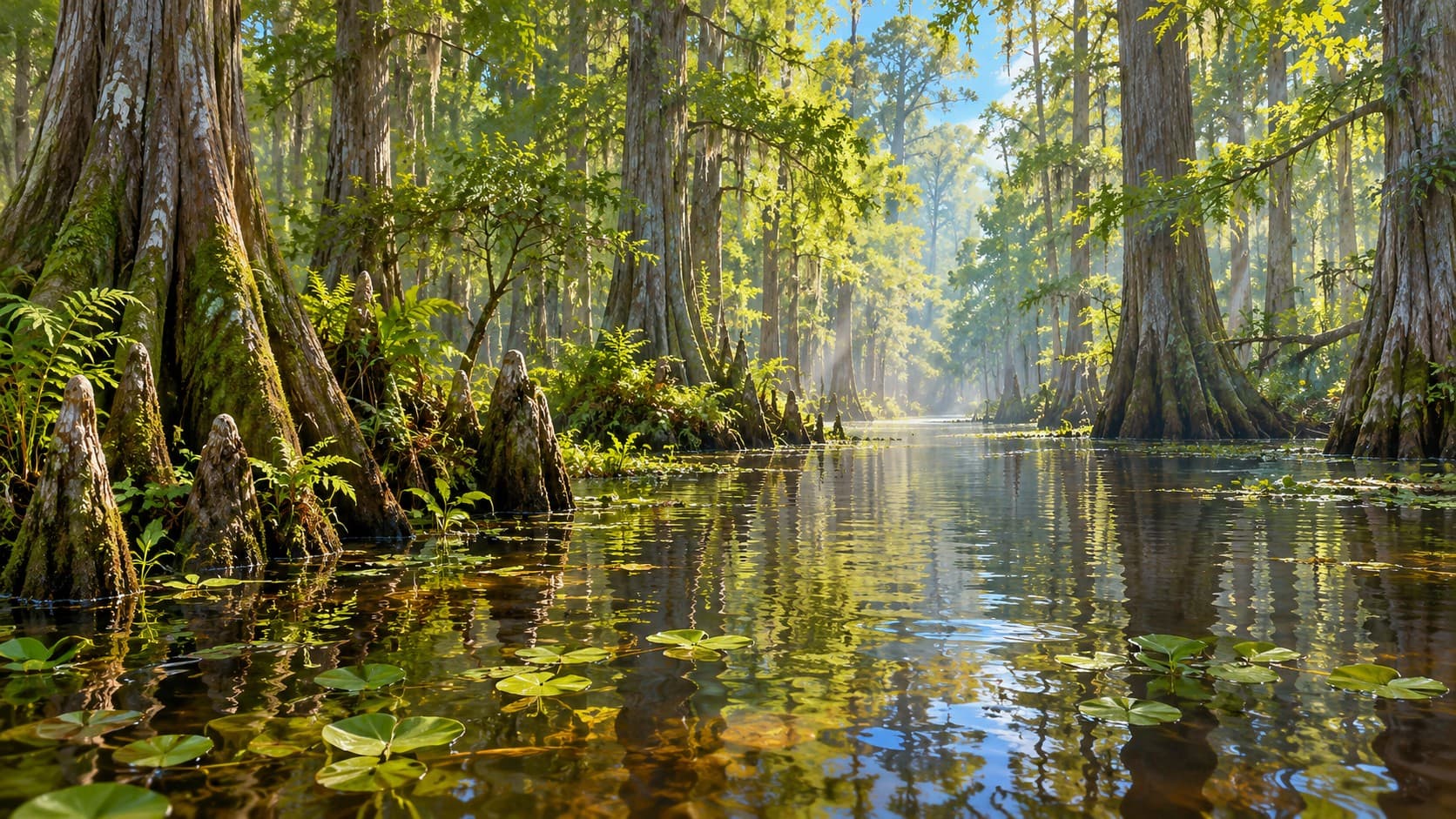 Sunlight filters through a green cypress forest and reflects in calm water dotted with lily pads.