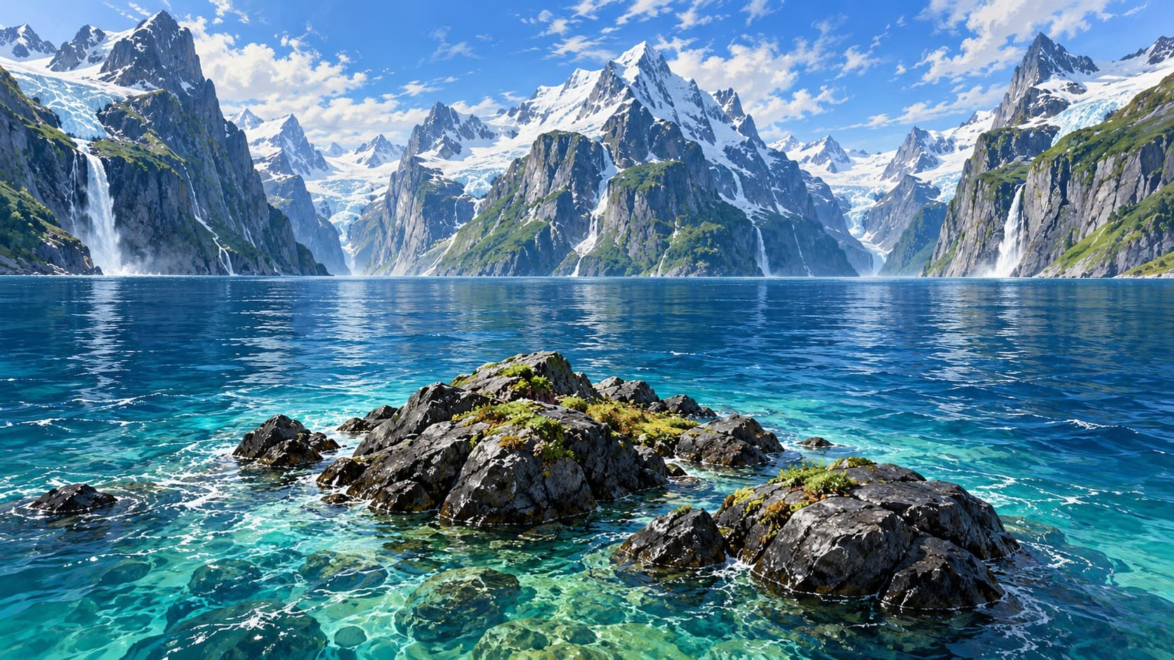 Clear turquoise water surrounds a rocky island beneath snowy mountains and a bright blue sky.