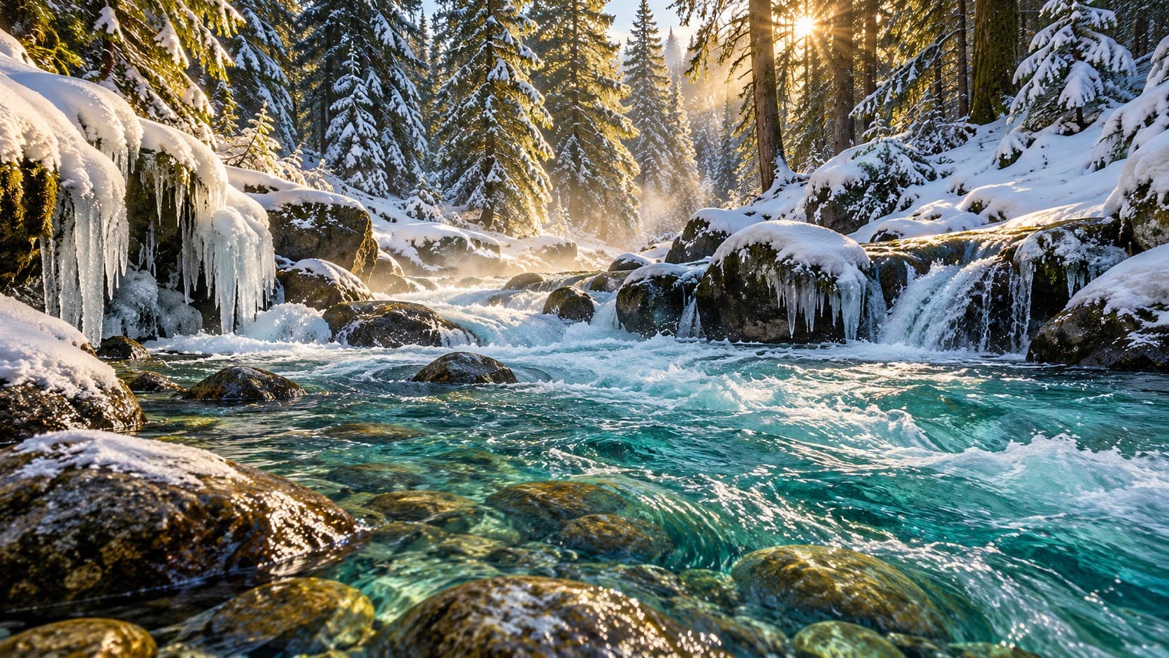 An icy turquoise river rushes over rocks between snow-covered pine trees in warm sunlight.