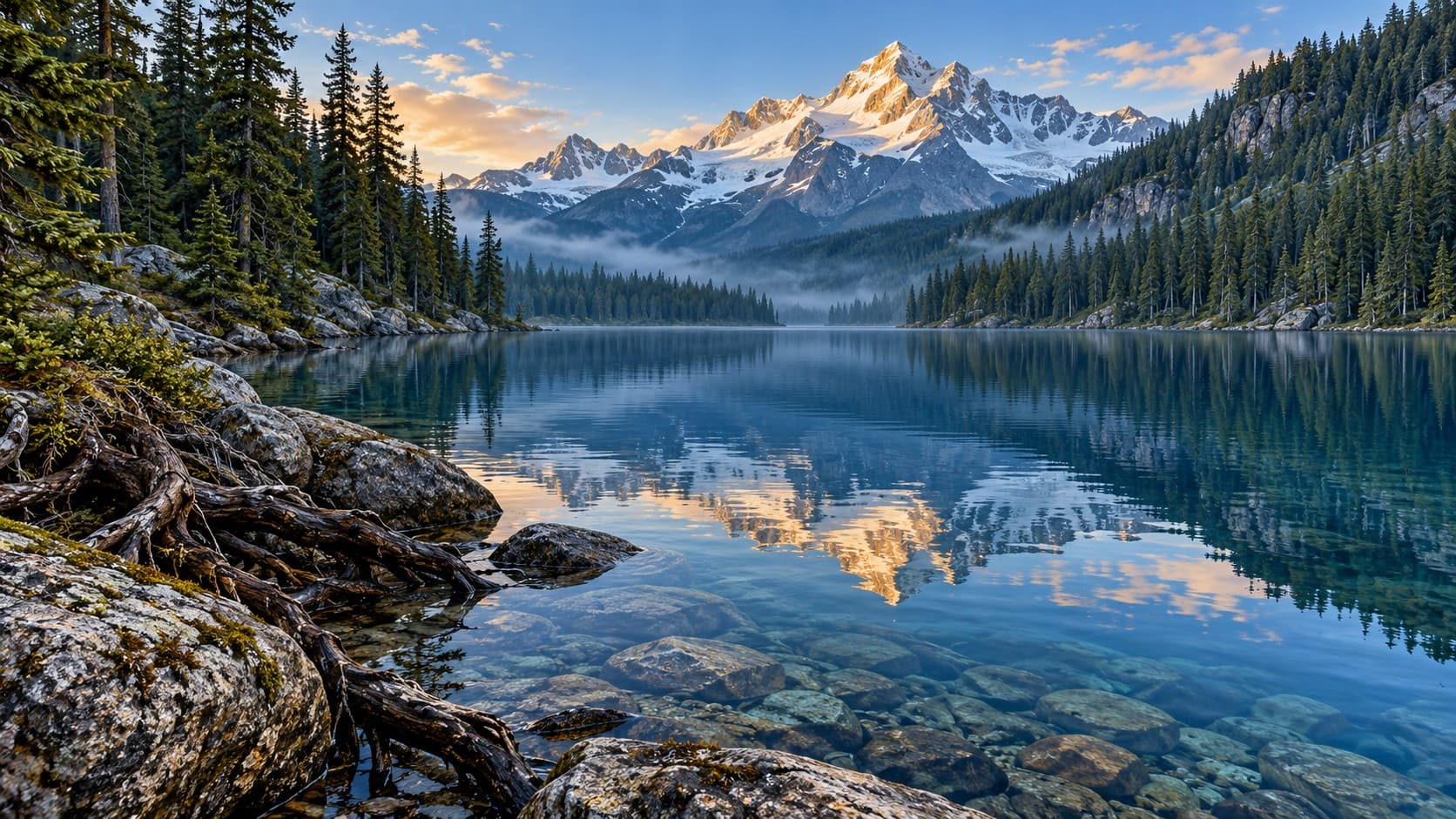 Snow-covered mountain peaks reflect in a clear blue alpine lake framed by pine trees and shoreline rocks.