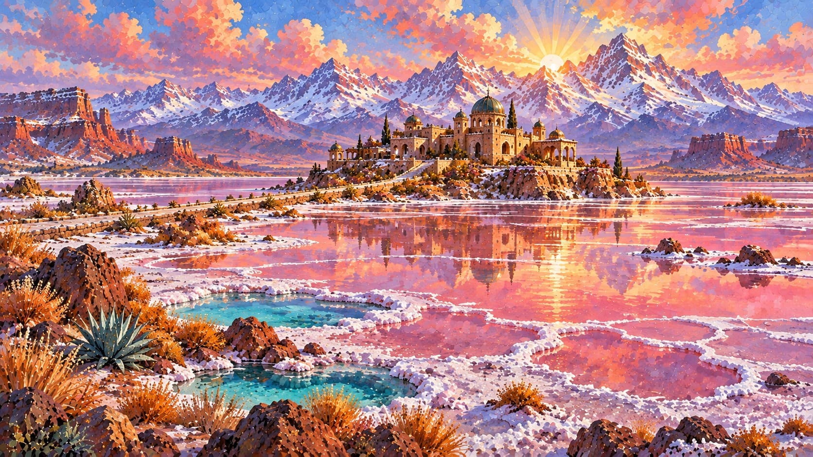 A castle on an island in a pink salt lake, surrounded by snowy mountains and orange desert plants beneath a golden sky.