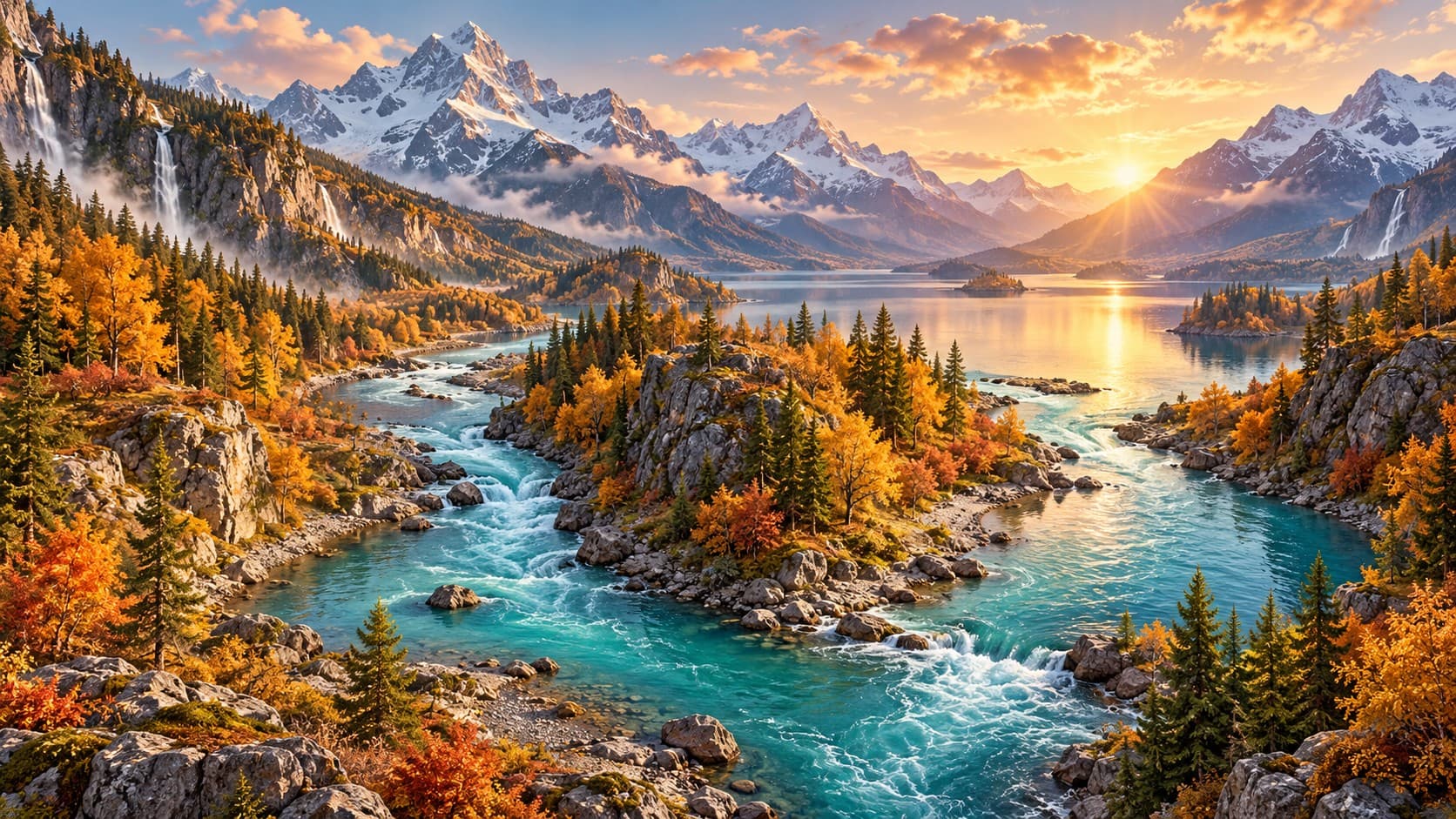 Two turquoise river channels flow around an autumn forest island towards a mountain lake beneath snowy peaks and golden sunset clouds.