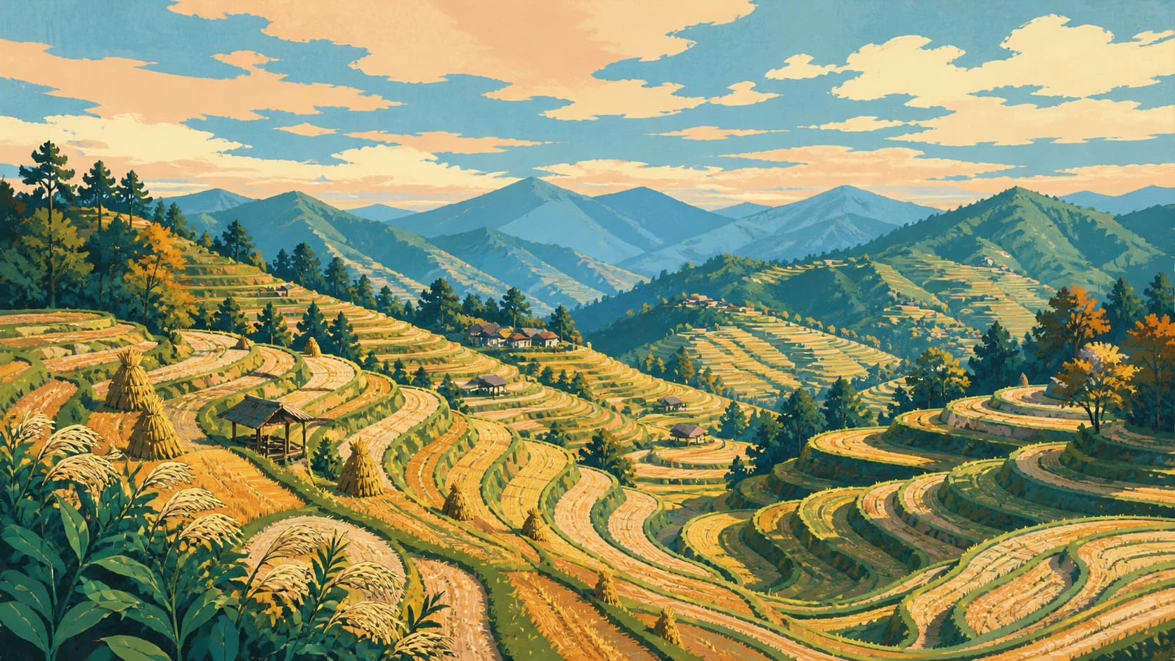 Illustrated golden rice terraces winding across hillsides at harvest time.