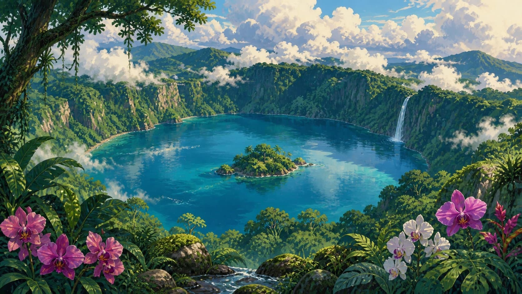 Illustrated tropical lagoon with a waterfall, a small palm-covered island, and orchids in bloom.