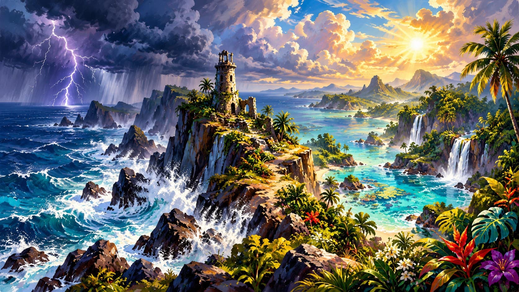 A ruined stone tower on a tropical cliff between a lightning storm and golden sunshine, overlooking turquoise bays and waterfalls.