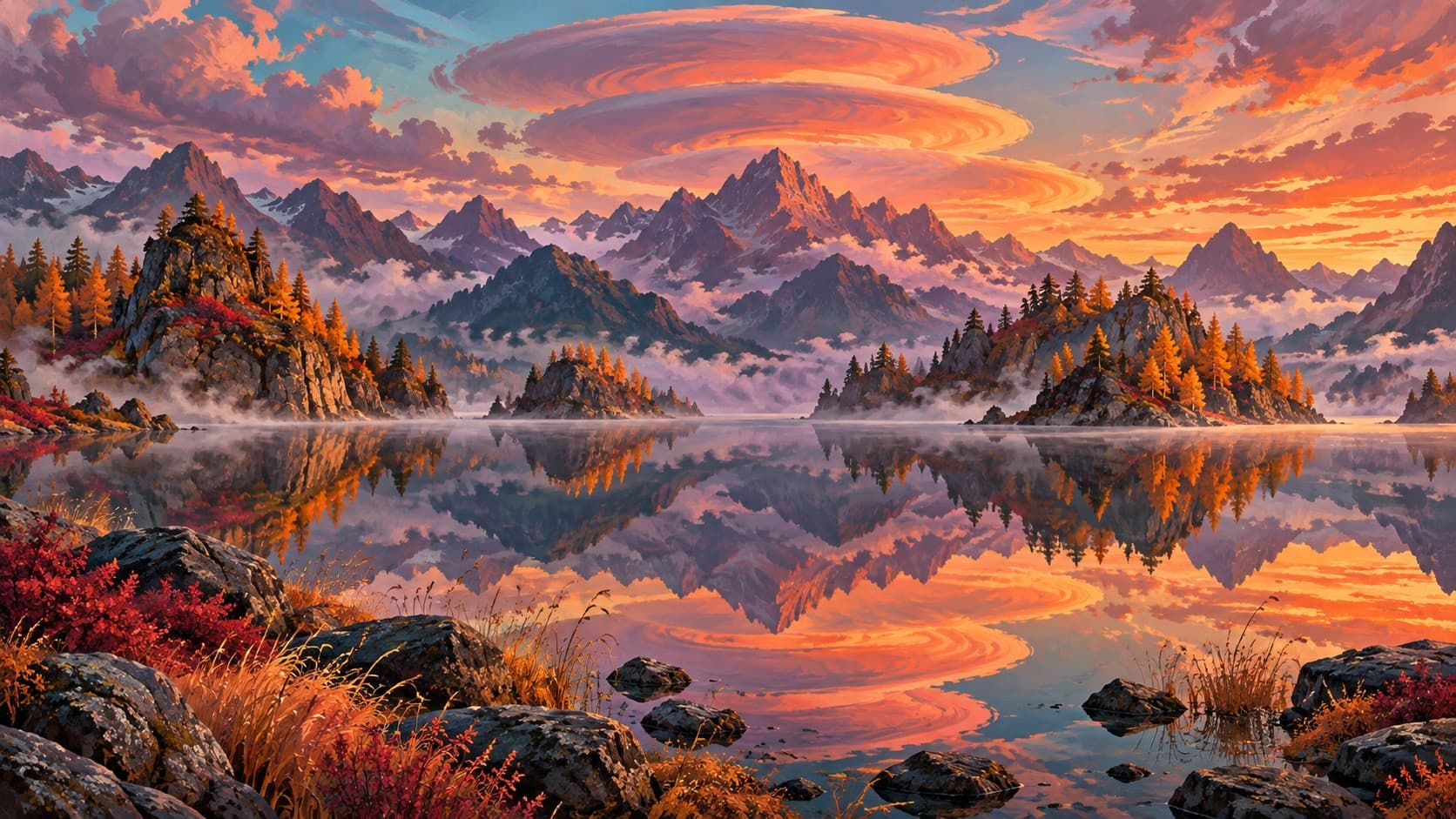 Orange autumn trees and mountains reflected in a still alpine lake beneath swirling sunset clouds.