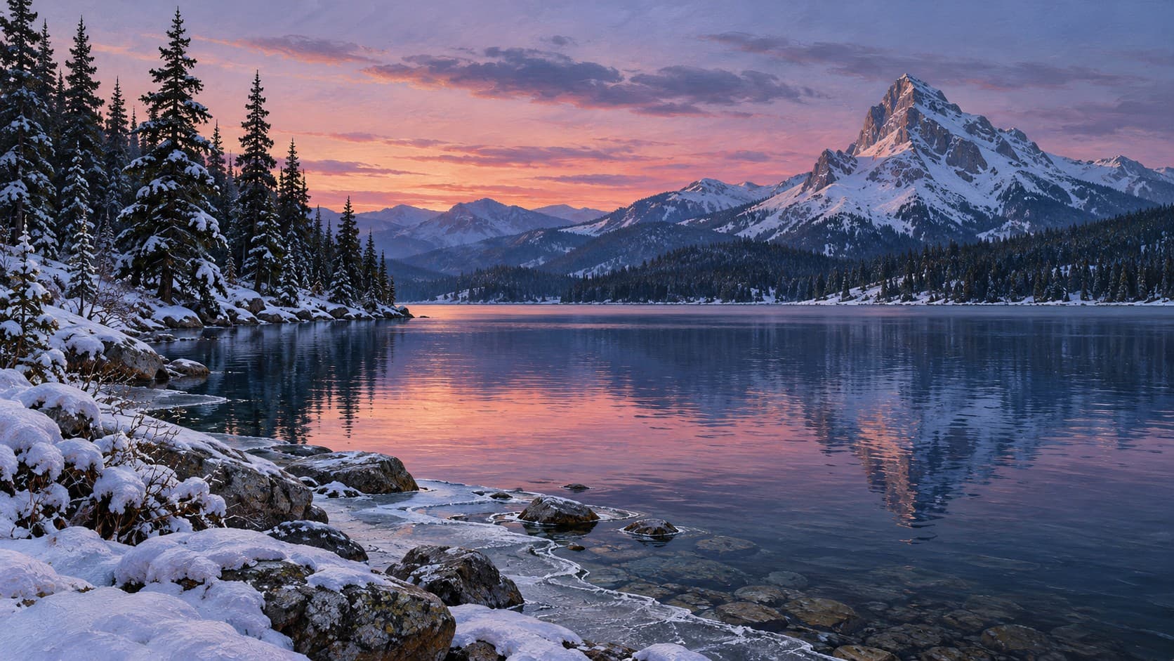 A snow-covered mountain peak reflects in a blue lake beneath a pink sunset and dark pine trees.