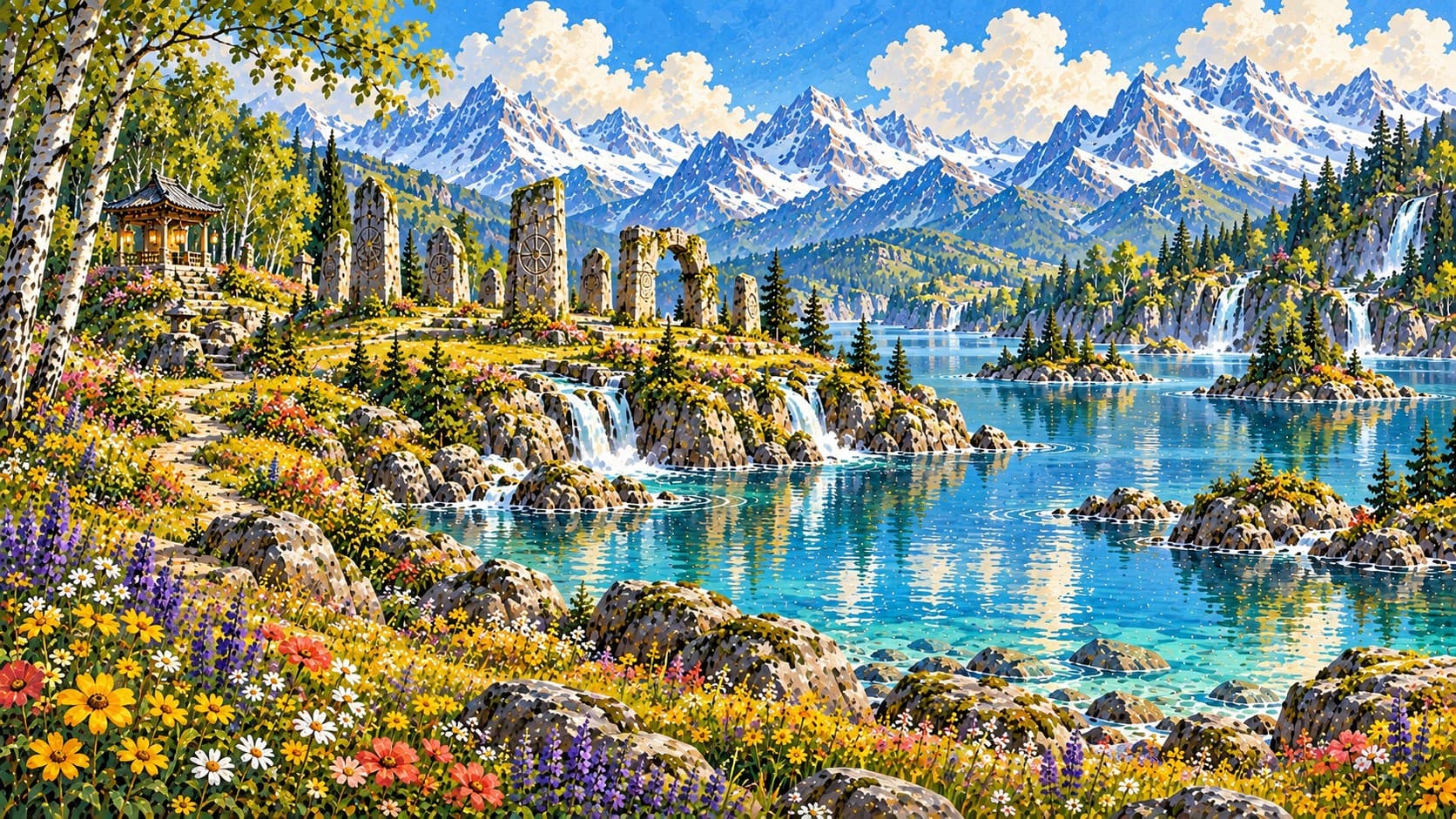 Illustrated standing stones in a wildflower meadow overlooking a turquoise lake with waterfalls and snow-capped peaks.