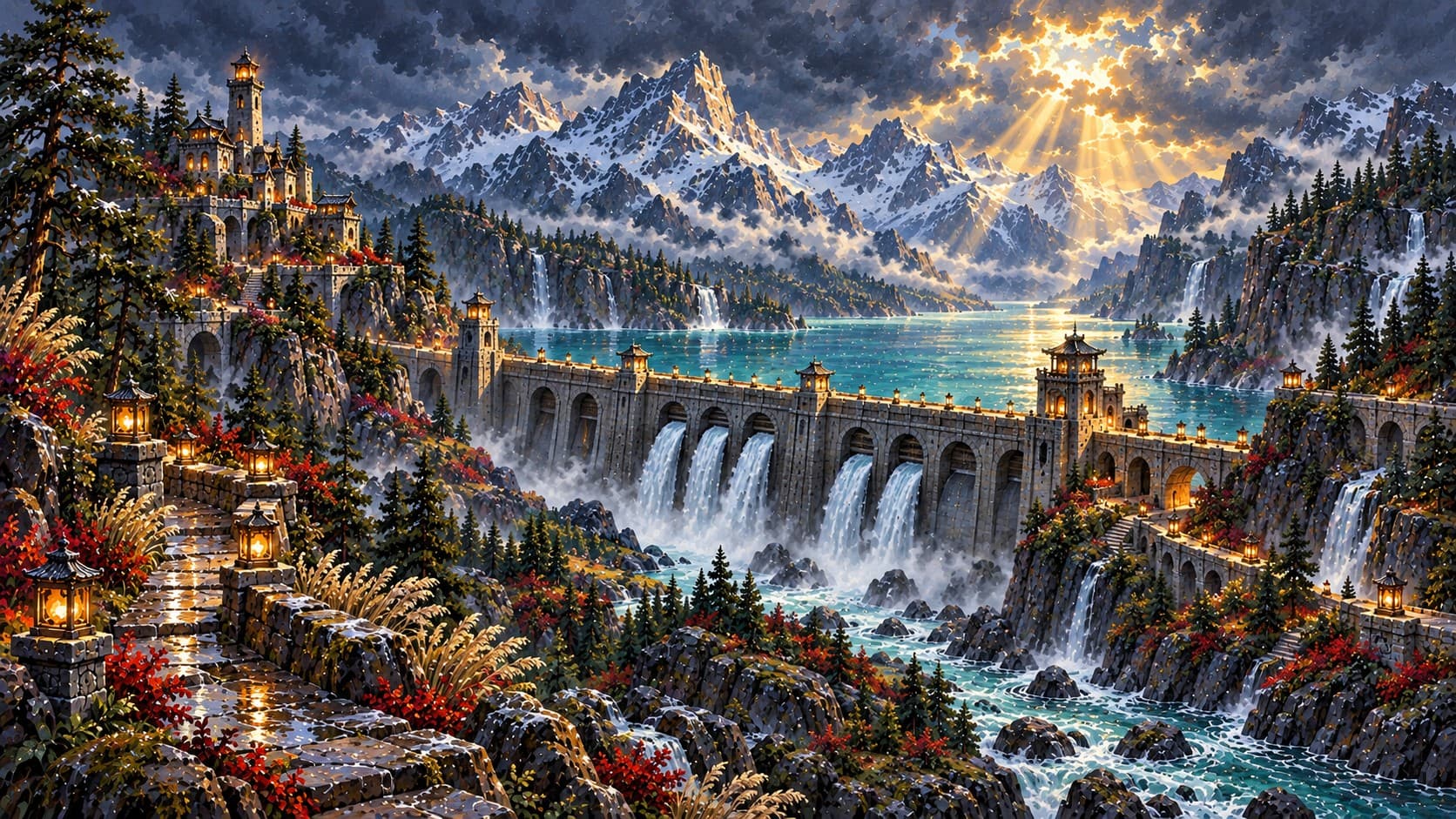 Illustrated stone dam spilling waterfalls under dramatic storm light breaking over distant peaks.