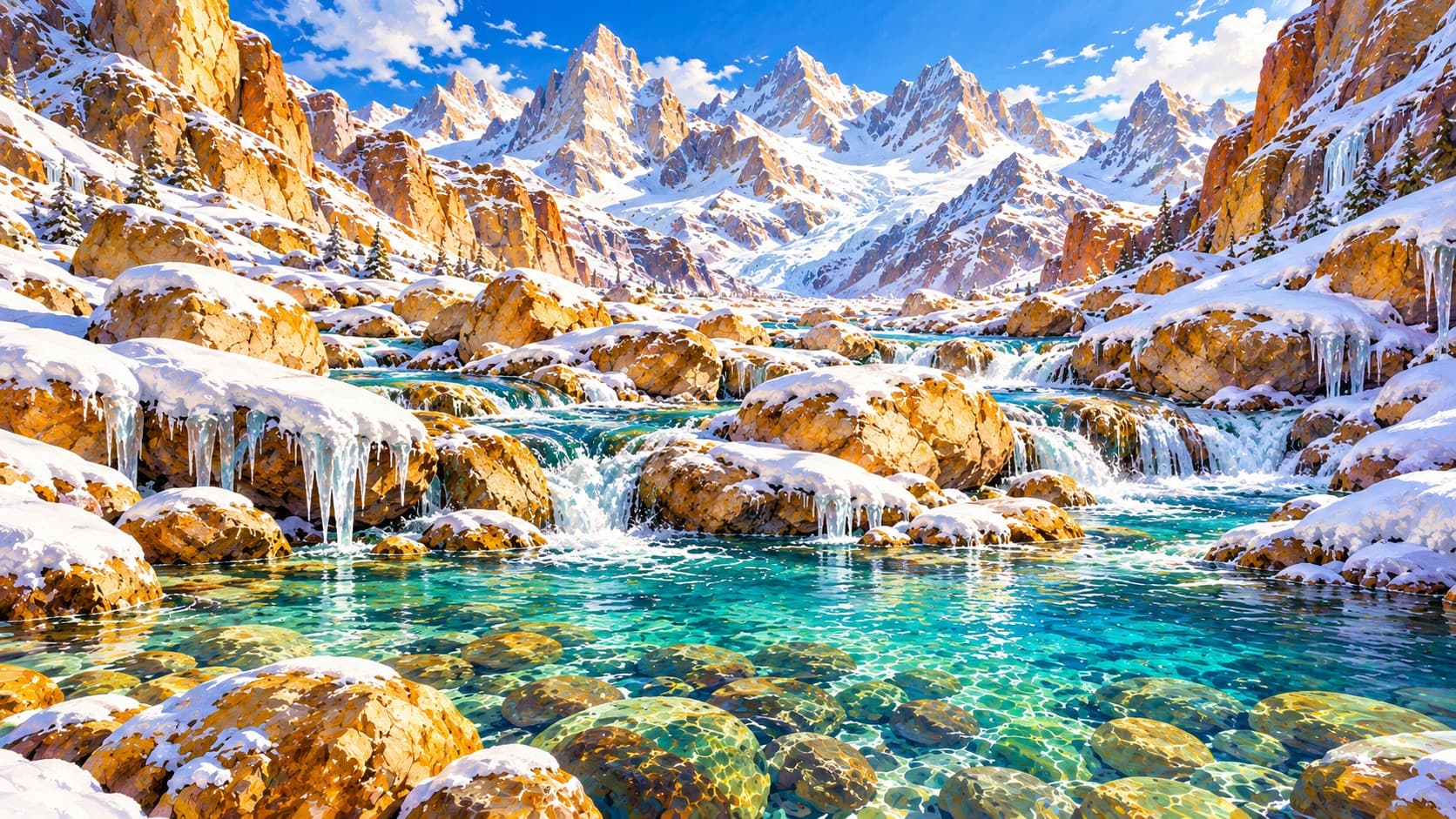 A turquoise stream flows over golden rocks and icicles beneath a range of snowy mountain peaks.