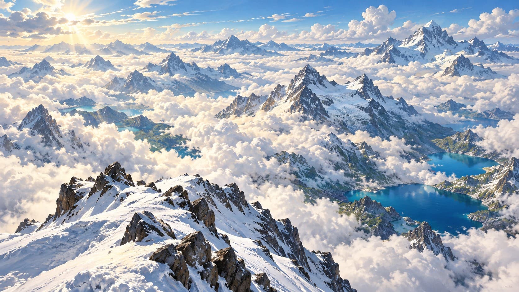 Sunlit snow-covered peaks rise through a sea of white clouds above blue mountain lakes, seen from a snowy ridge in the foreground.
