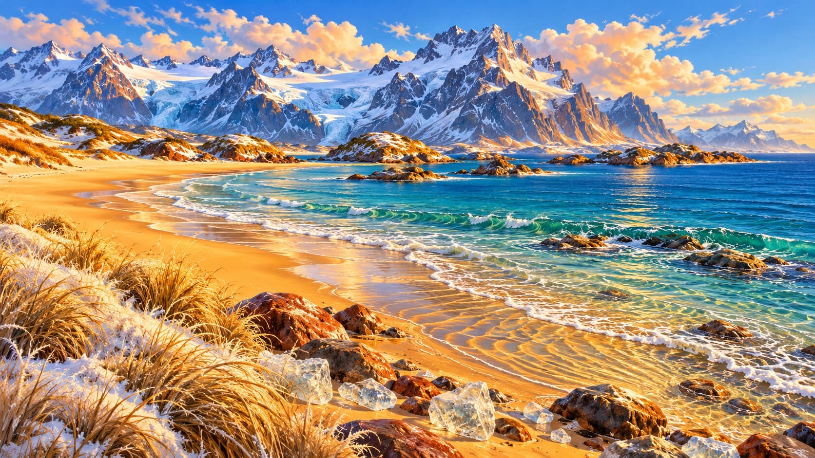 A golden sandy beach curves along turquoise waves beneath snow-covered mountains and orange-tinted clouds, with frosted grass and clear ice chunks in the foreground.
