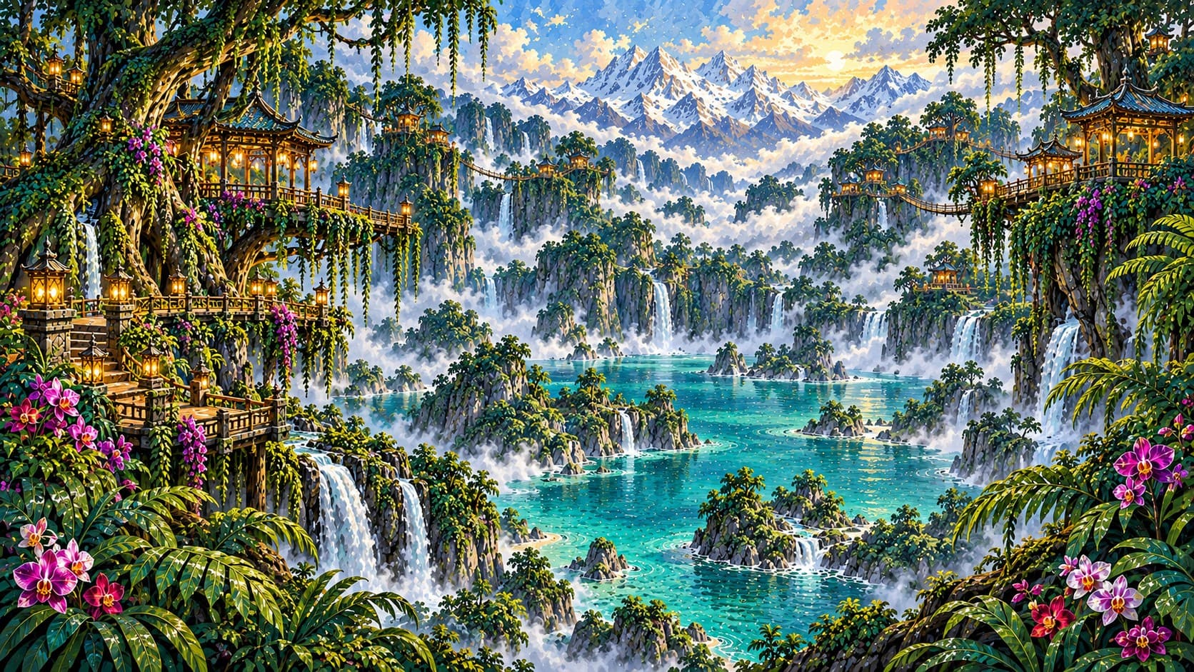 A lantern-lit village of tree houses and rope bridges above a turquoise lake, surrounded by waterfalls and snowy mountain peaks.