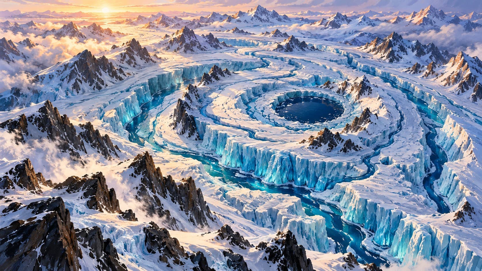 A spiral of blue glacial ice and snowy ridges surrounding a deep circular lake beneath a golden sunrise.