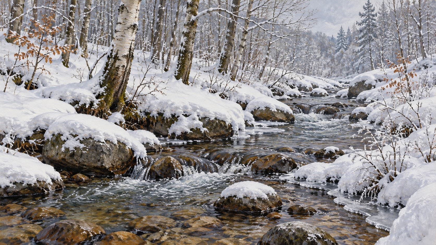 A clear shallow creek winds between snow-covered rocks and white birch trees.