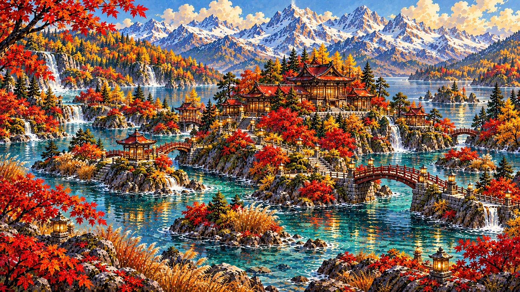 An autumn mountain lake with red maple trees, a stone bridge and a Japanese pavilion beneath snow-capped peaks.