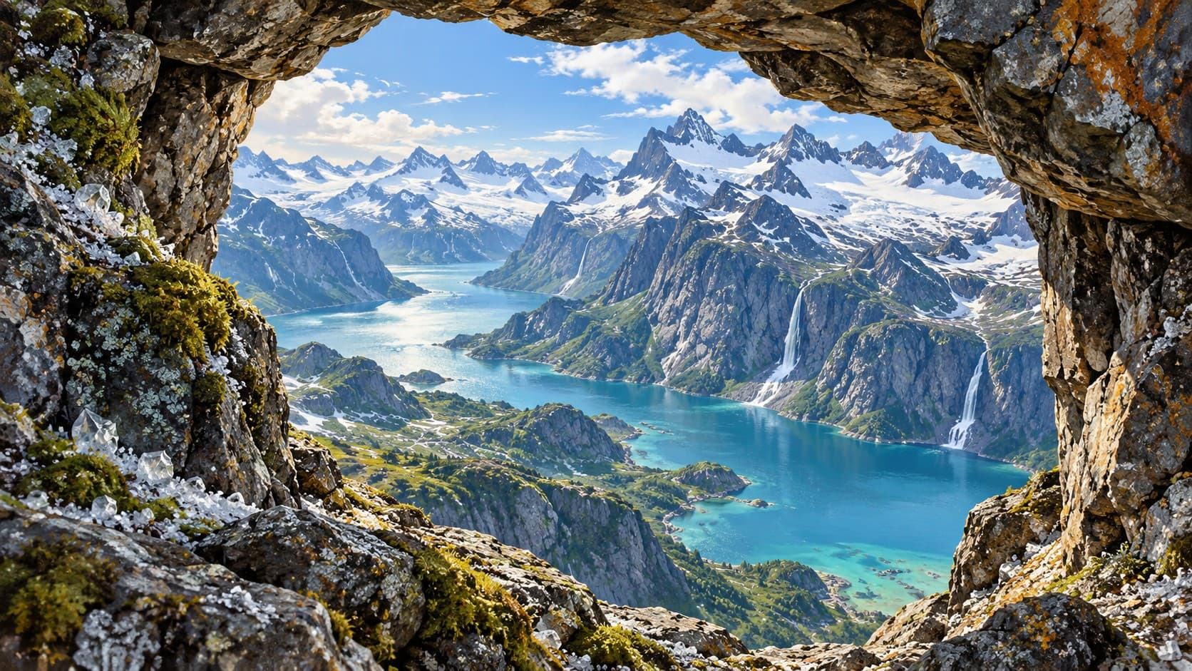 A rocky cave frames a turquoise mountain lake, green slopes and snow-covered peaks.