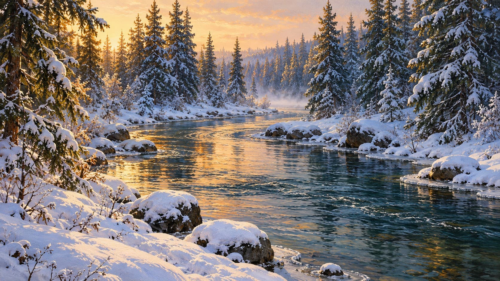 Golden sunlight reflects on a river between snow-covered pine trees and rocks.