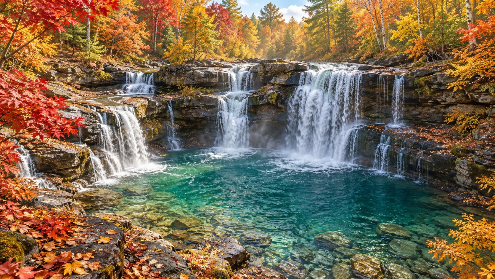 Tiered waterfalls flow into a clear turquoise pool surrounded by red and golden autumn forest.