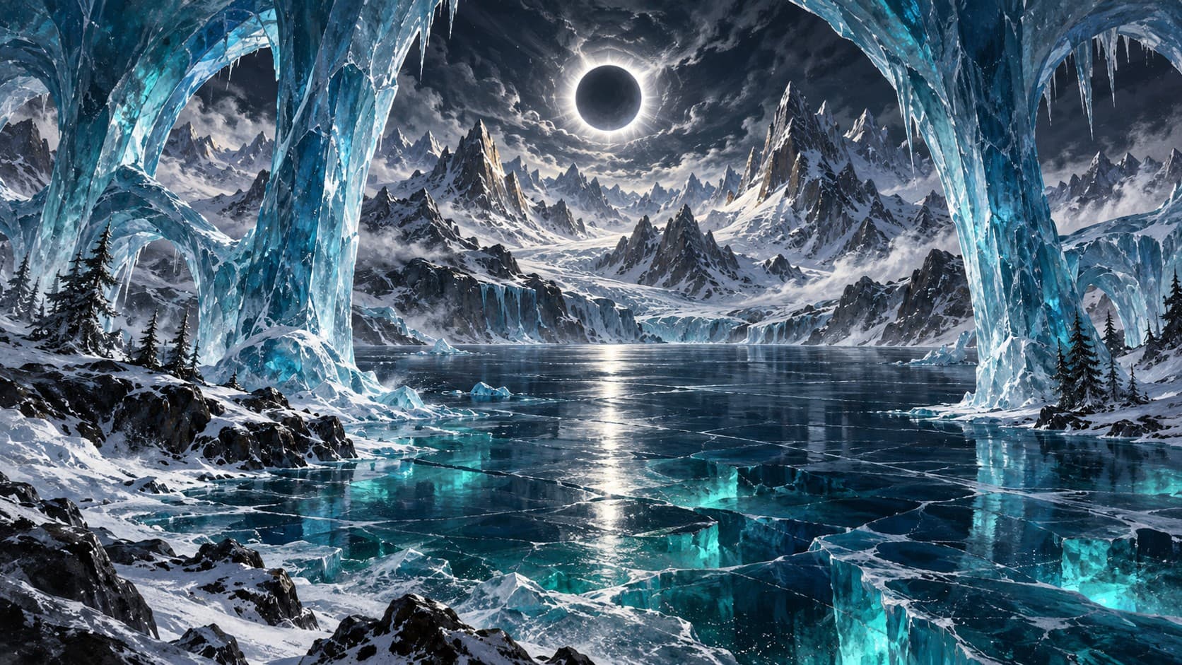 A solar eclipse above snowy mountain peaks and a frozen lake, framed by blue ice arches and icicles.