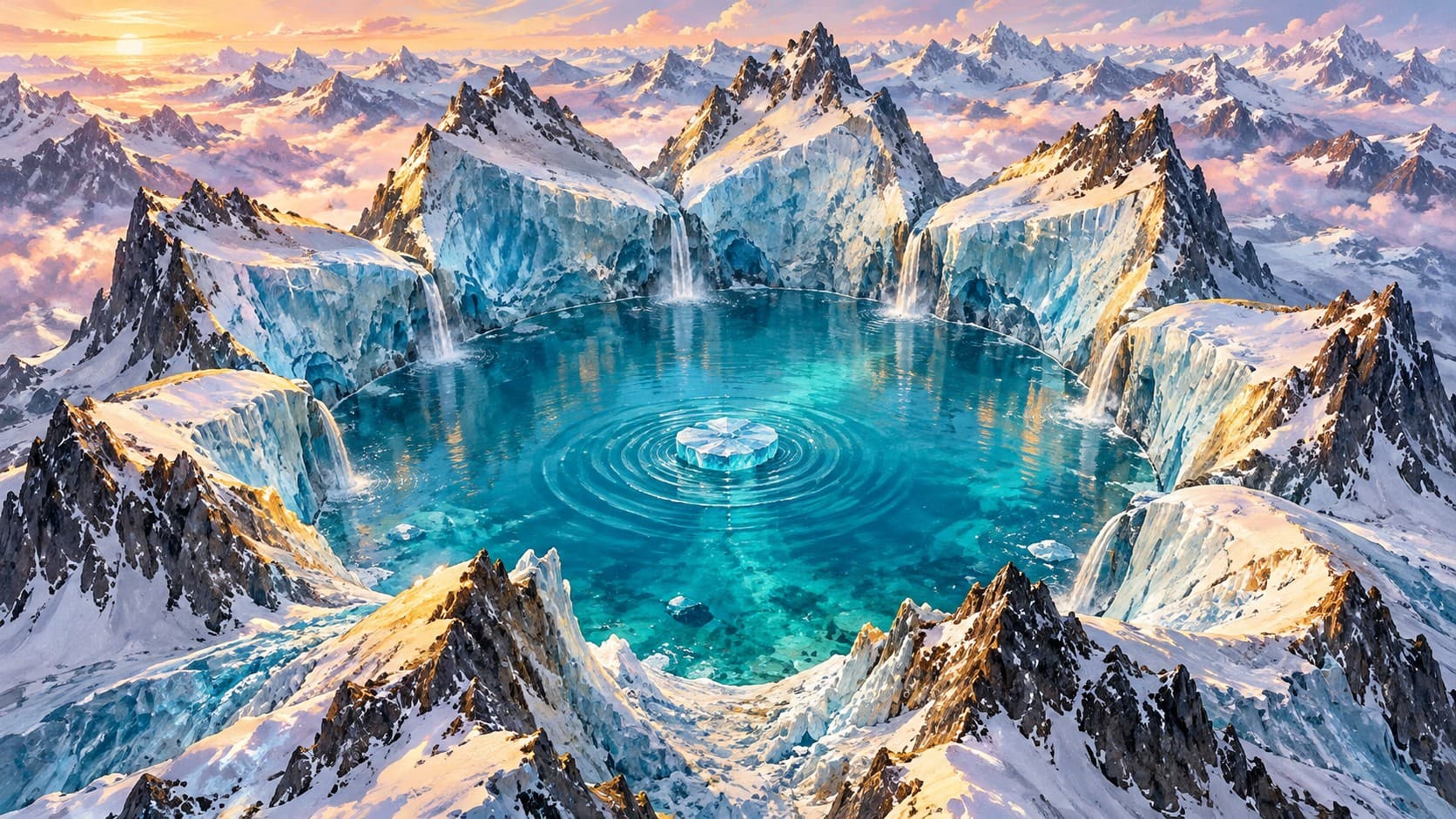 A circular turquoise lake surrounded by blue ice cliffs and snow-covered mountain peaks beneath a golden sky.