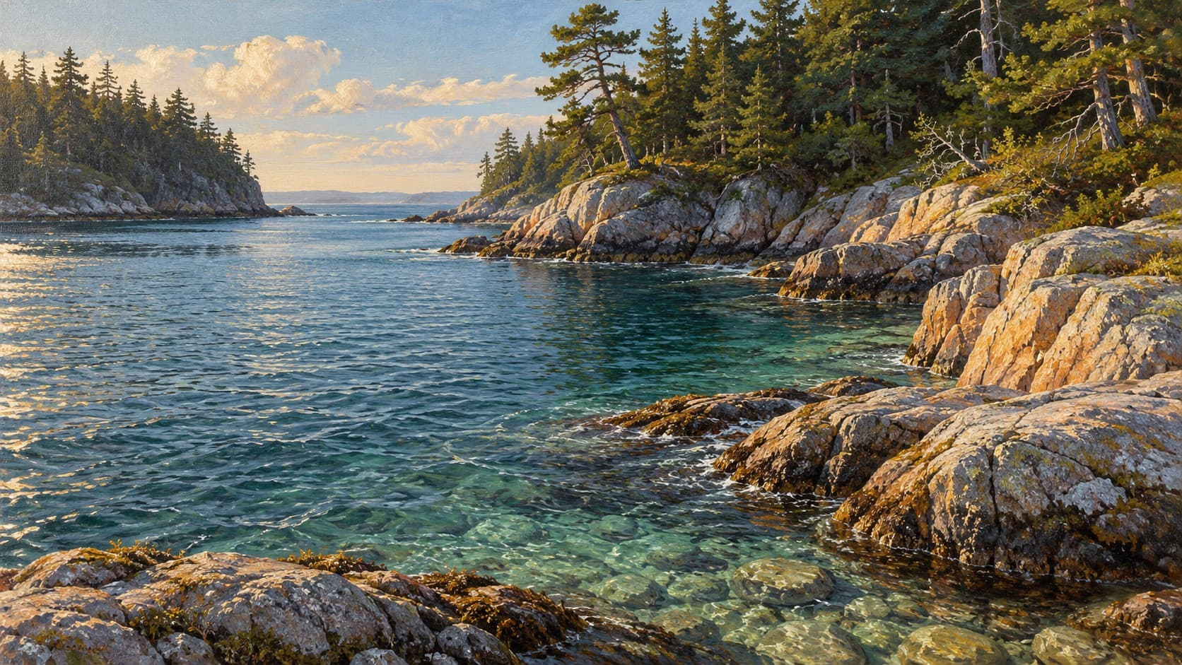 Clear blue coastal water meets rocky shores and pine-covered headlands in golden sunlight.