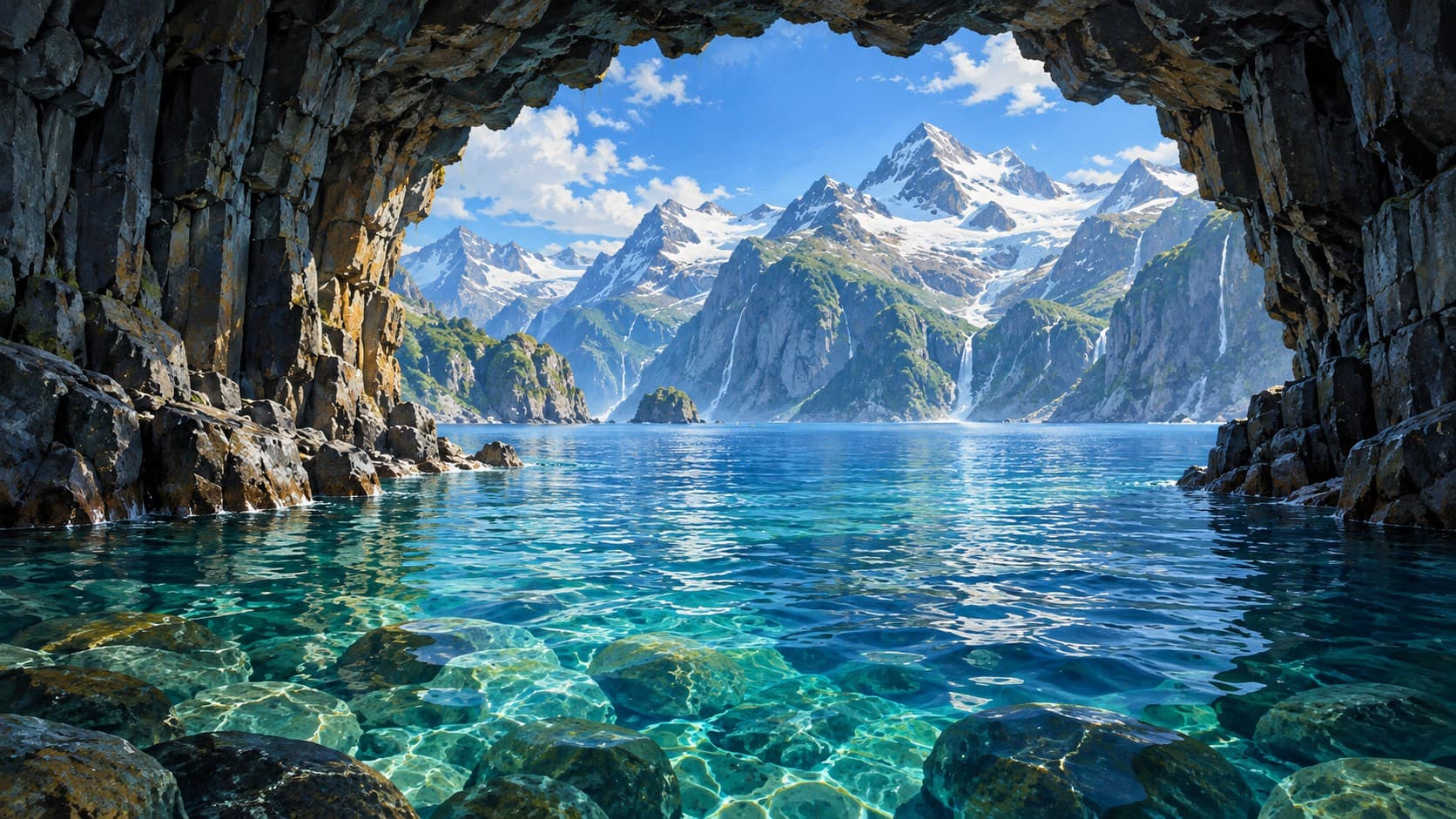A dark rock arch opens onto transparent blue water and snow-covered mountain peaks.
