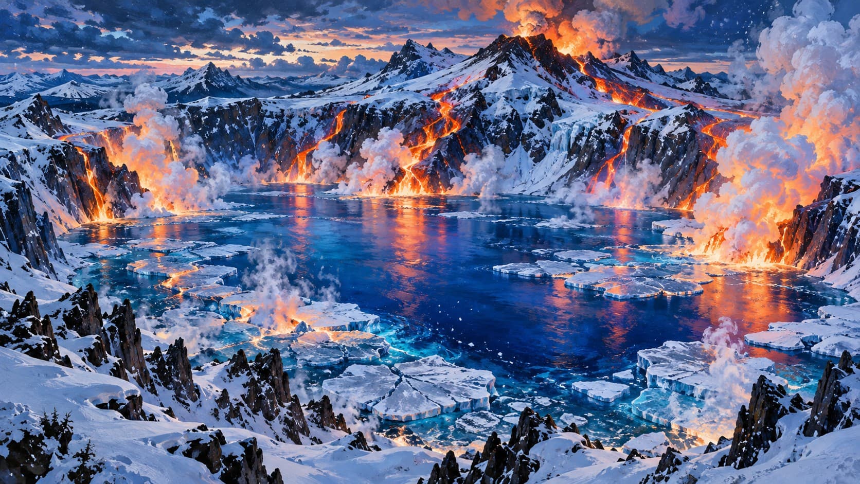 Glowing lava flows down snow-covered mountains into an icy blue lake beneath a dramatic sunset sky.
