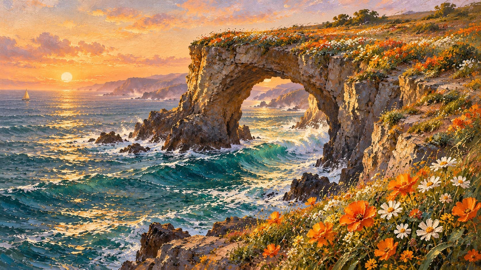 Wildflowers cover a coastal rock arch above turquoise waves beneath an orange sunset.